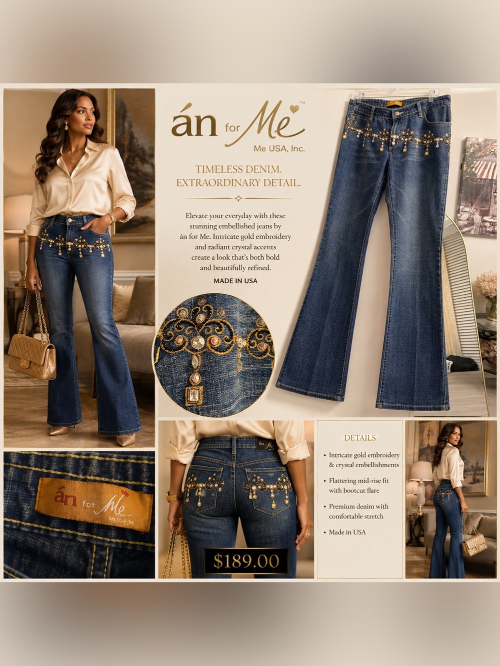 Embellished Flare Jeans - Blue with Gold Detail